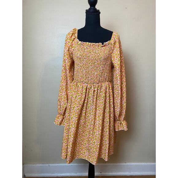 SHEIN Ditsy Floral Shirred Bodice Square Neck Dressplus size 1x pink and yellow - Picture 1 of 4